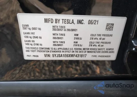 2021 Tesla Model S Plaid Tri Motor All-Wheel Drive z USA, uszkodzony, nr VIN 5YJSA1E6XMF431817